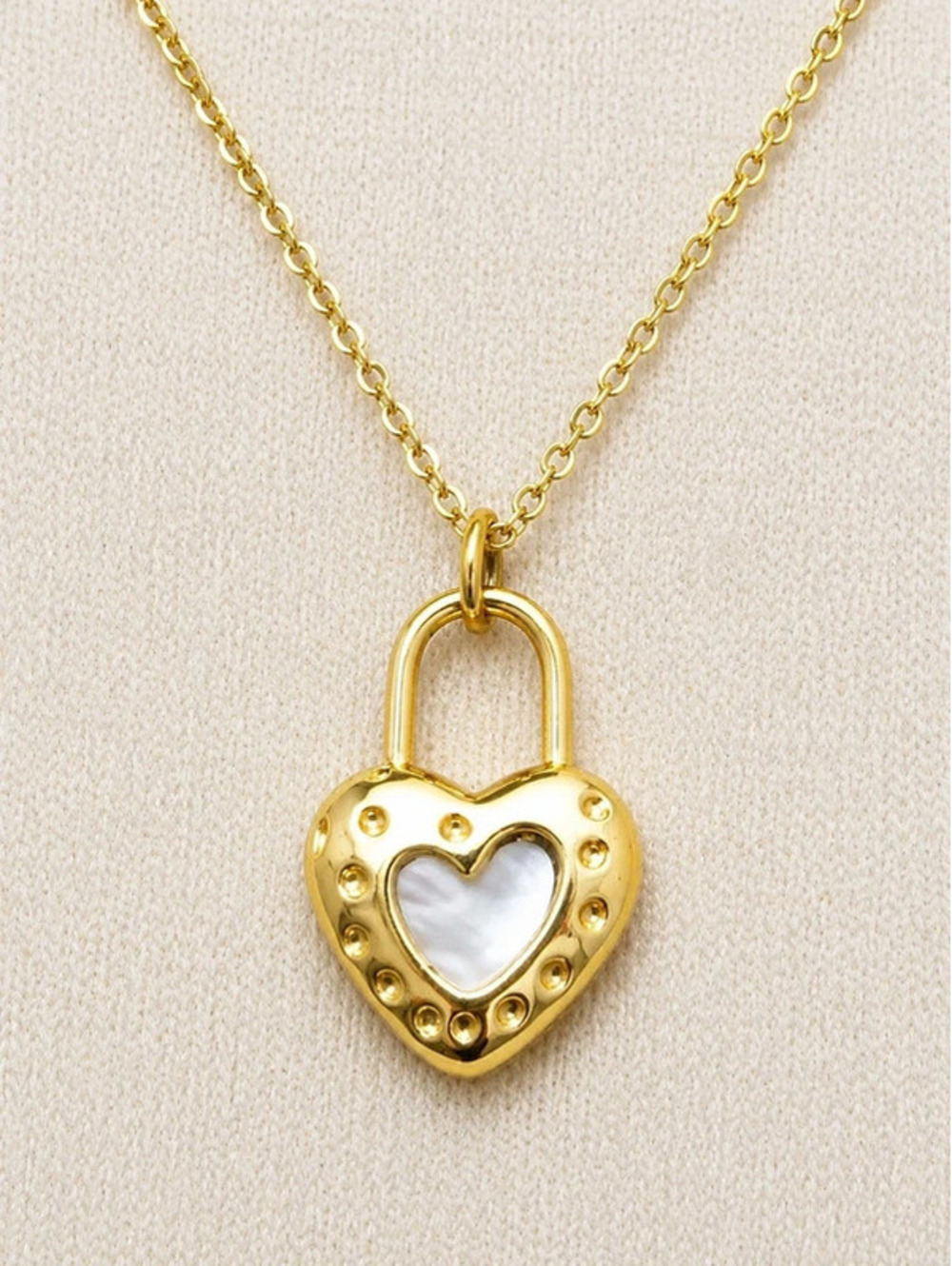 Gold Heart Lock Pendant Necklace with Mother of Pearl Accent